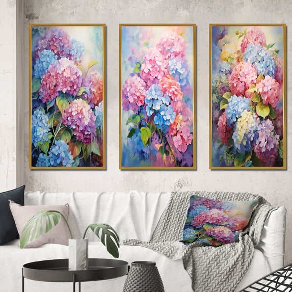 Designart "Delicate Bouquet Of Hydrangeas In Soft Pastels III" Hydrangea Framed Wall Art Set Of 3 - Pink Traditional Frame Canvas Set For Living Room Decor