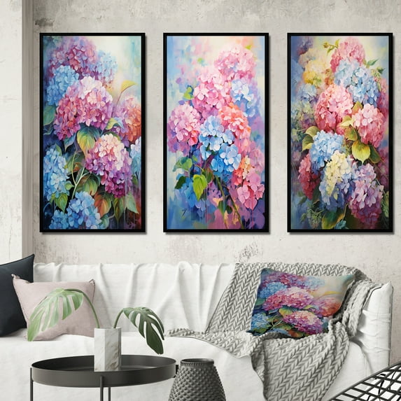 Designart "Delicate Bouquet Of Hydrangeas In Soft Pastels III" Hydrangea Framed Wall Art Set Of 3 - Pink Traditional Frame Canvas Set For Living Room Decor