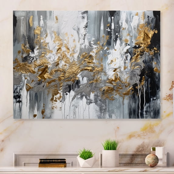Designart "Delicate Brushstrokes Black and White I" Abstract Marble Metal Wall Art Prints