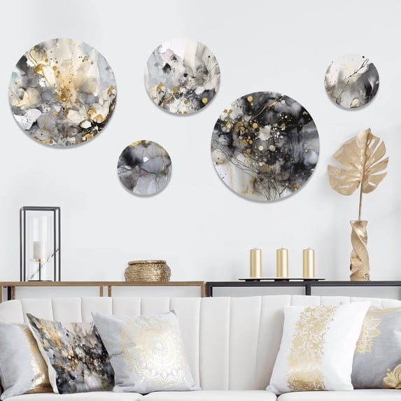 Designart "Delicate Brushstrokes Grey and Gold II" Abstract Marble Metal Wall Art Set of 5 Piece