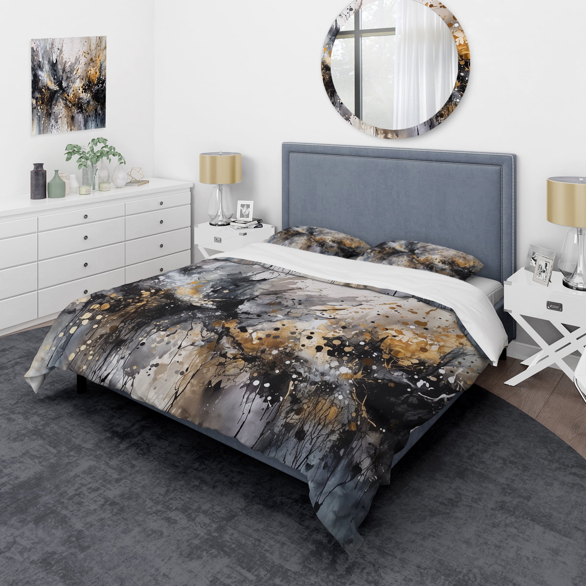 Twin Gray and Gold Abstract Brushstrokes Microfiber Duvet Cover Set