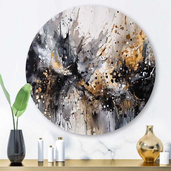 Designart "Delicate Brushstrokes Grey and Gold III" Abstract Marble Metal Round Wall Art