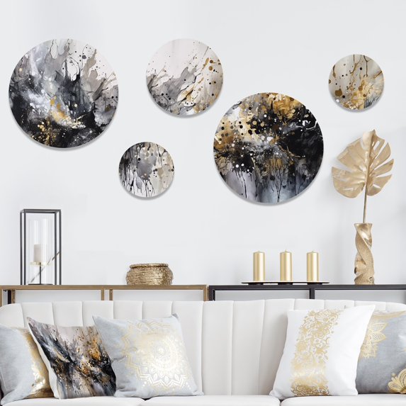Designart "Delicate Brushstrokes Grey and Gold III" Abstract Marble Metal Wall Art Set of 5 Piece