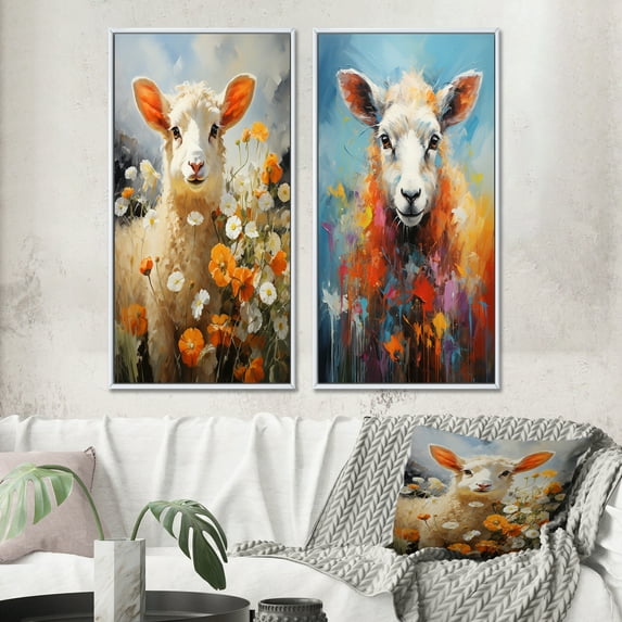 Designart "Delicate Drips Sapphire Seahorse wall art" Sheep Framed Wall Art Set Of 2 - Beige Animals Frame Gallery Set For Office Decor