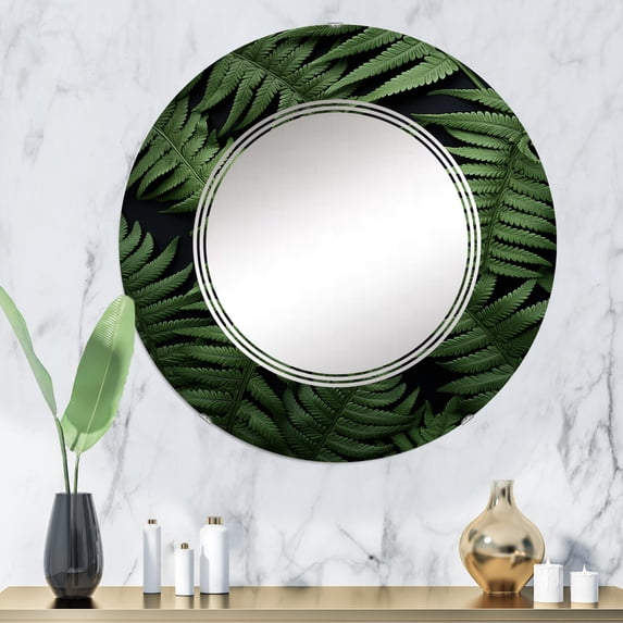 Designart "Delicate Intricacy Ferns Plant wall art" Floral & Botanical Round Wall Mirror - Modern Oval Printed Decorative Oversized Mirror - Multiple Color Options