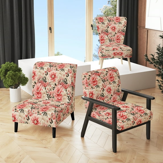 Designart "Delicate Pink Peony Floral Beauty" Pink Floral Upholstered Accent Chair - Cottage Arm Chair For Living Room