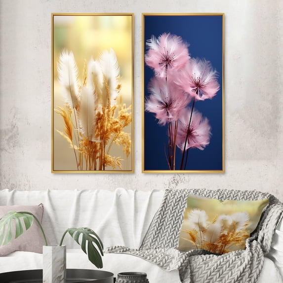 Designart "Delicate Spring Blossoming in Meadows" Feathers Framed Wall Art Set Of 2 - Modern White Framed Wall Art Set Of 2