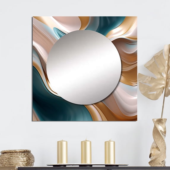 Designart "Delicate Wave Accordance Gold And Aquamarine III" Abstract Shapes Square Mirror For Wall Decor - Large Gold Square Mirror Printed Wall Decor - Transitional Square Living Room Mirror