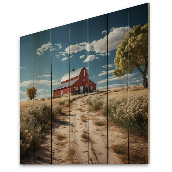 Designart "Delight Muted Farm Farmstead art painting I" Countryside Print on Natural Pine Wood