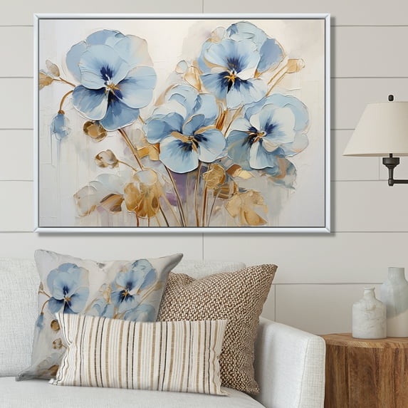 Designart "Delightful Blue And Gold Minimalist Pansies" Pansies Floater Framed Wall Art Living Room