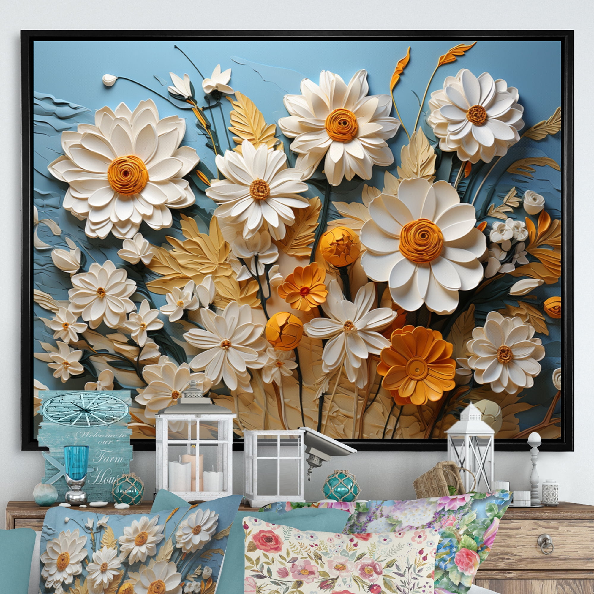 Designart "Delightful Daisies I" Floral Floater Framed Canvas Wall Art ...