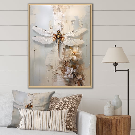 Designart "Delightful Dragonfly Dance I" Animals Dragonfly Floater Framed Canvas Wall Art