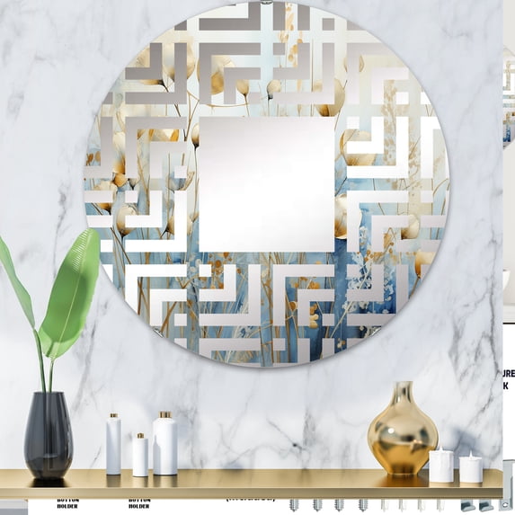 Designart "Delightful Flower Garden in Grey and Gold I" Plants Maze Round Wall Mirror - Floral Oval Printed Decorative Mirror - Multiple Color Options
