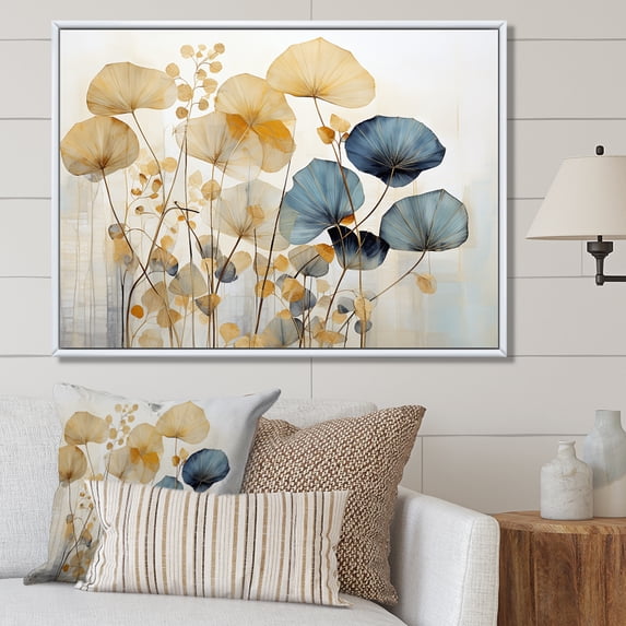 Designart "Delightful Flower Garden In Beige And Blue I" Plants Floater Framed Wall Decor