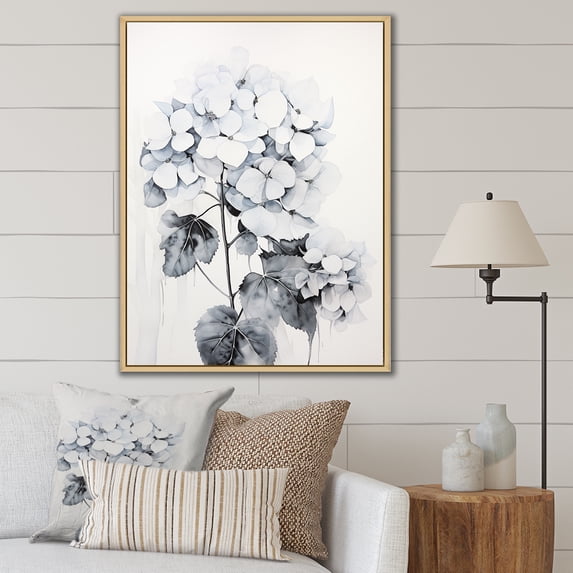 Designart "Delightful Grey Minimalist Hydrangea" Hydrangea Floater Framed Canvas Wall Art