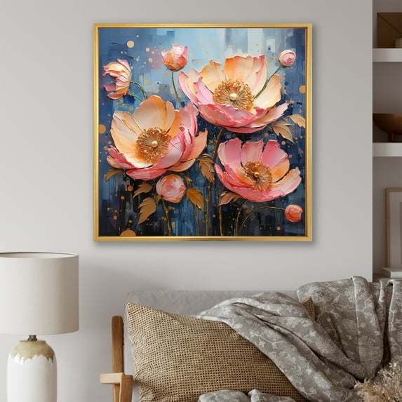 Designart "Delightful Pink Peony Garden II" Peonies Floater Framed Wall Art Living Room