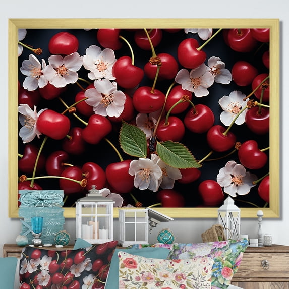 Designart "Delightful Red Cherry Sundae" Floral Framed Wall Art Decor - Traditional Red Cherry Living Room Framed Canvas Art