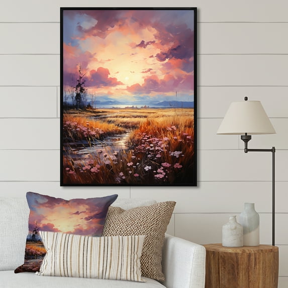 Designart "Delightful Sunset Blooming In Natural Harmony II" Prairies Floater Framed Wall Art Living Room