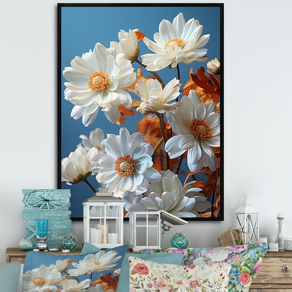 Designart "Delightful White And Orange Daisy Flowerets" Daisies Floater Framed Canvas Art Print