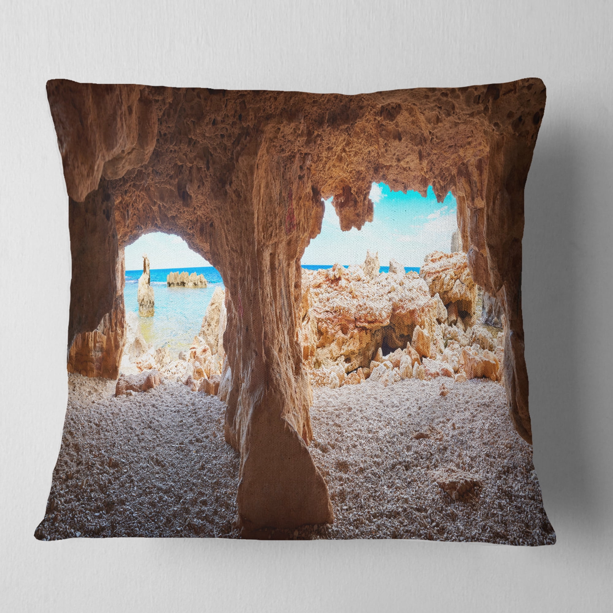 Designart Denia Las rotas Beach Caves - Landscape Printed Throw Pillow - 16x16