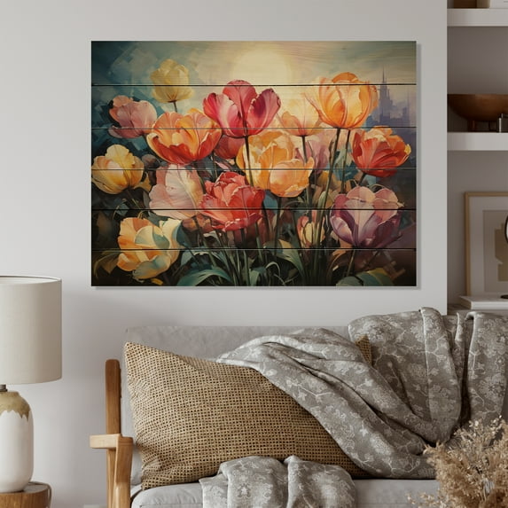 Designart "Denmark Multicolor Tulip landscapes V" Floral Print on Natural Pine Wood