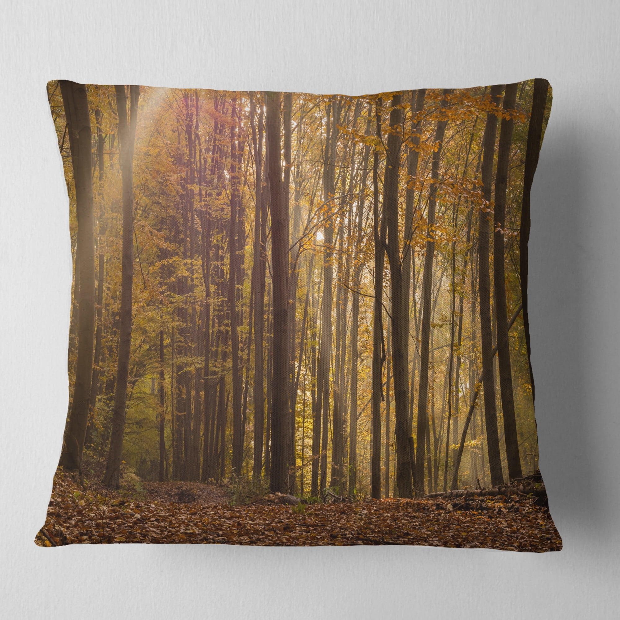 Designart Dense Forest in Rays of Rising Sun - Forest Throw Pillow - 16x16