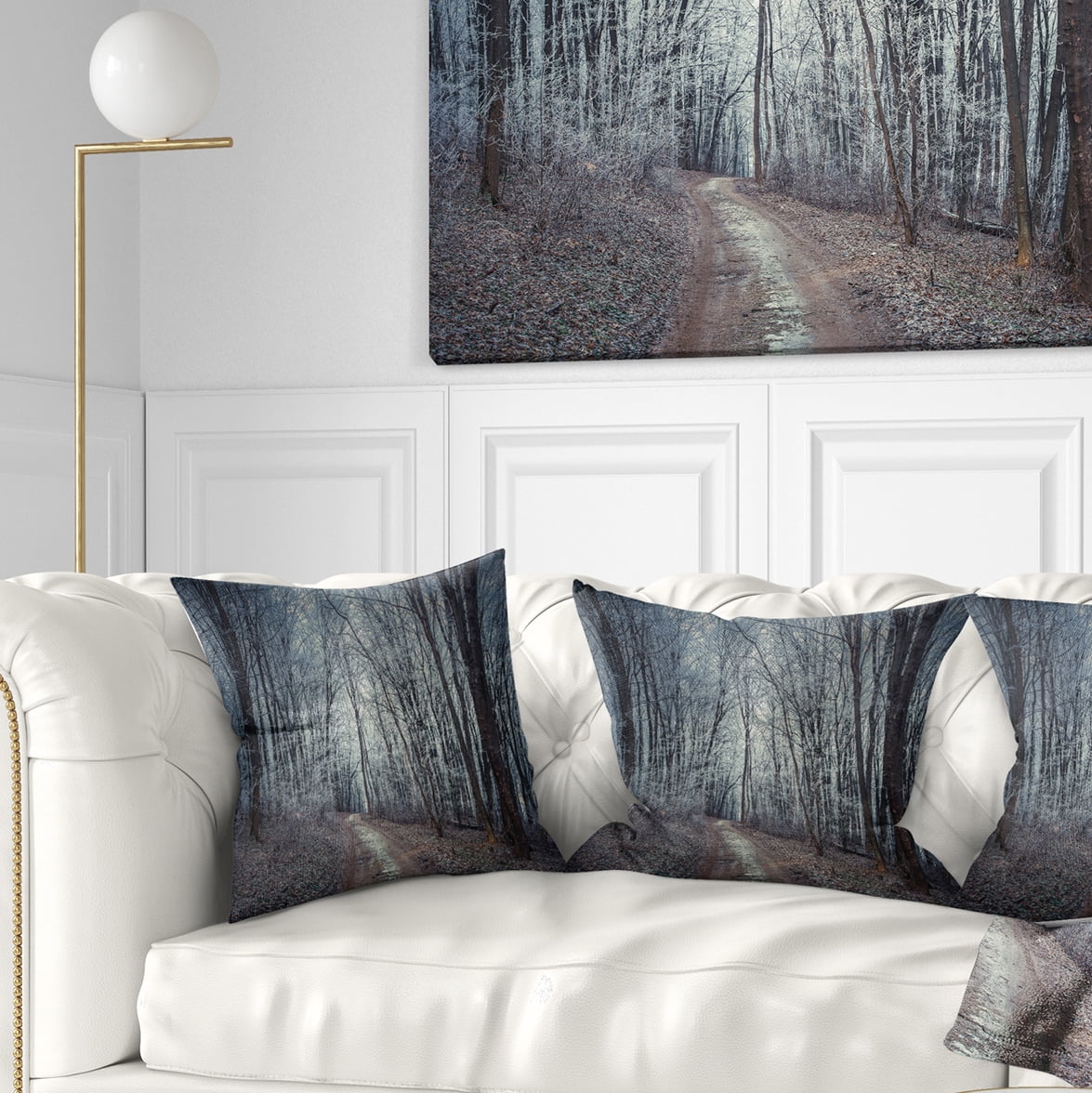 Designart Dense Gray Fall Forest Path - Landscape Photo Throw Pillow - 16x16