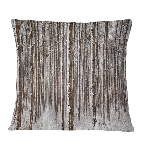 Designart Dense Pine Forest in Winter - Landscape Printed Throw Pillow - 16x16