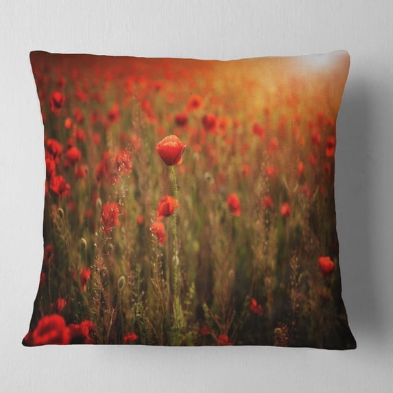 Designart Dense Poppy Field At Sunset - Floral Throw Pillow - 18x18