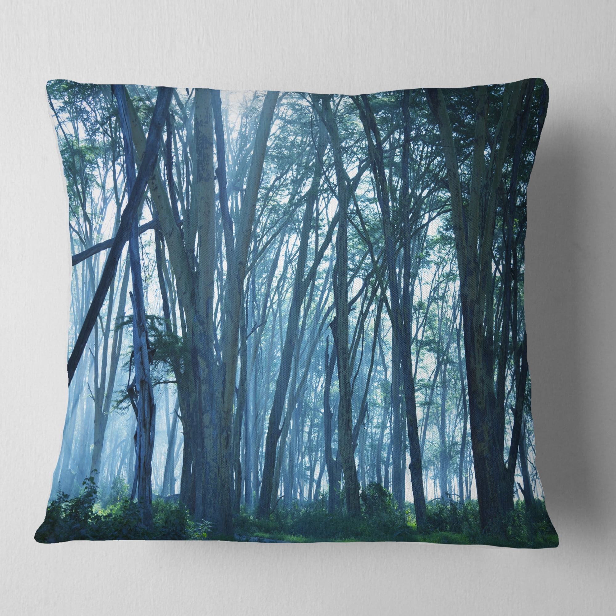 Designart Dense Rain Forest on Foggy Day - Landscape Printed Throw Pillow - 16x16