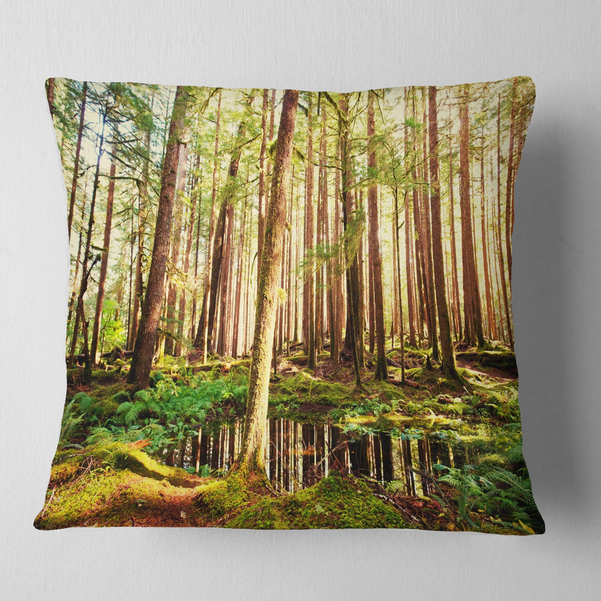 Designart Dense Trees in Green Rain Forest - Landscape Printed Throw Pillow - 16x16