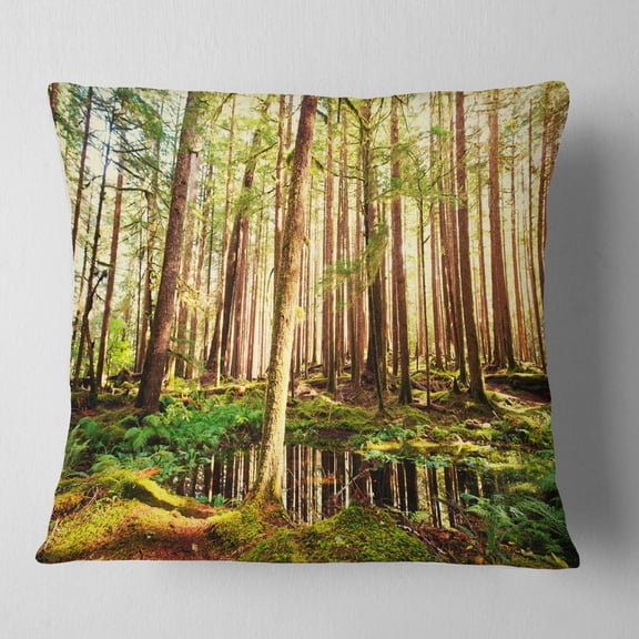 Designart Dense Trees in Green Rain Forest - Landscape Printed Throw Pillow - 18x18