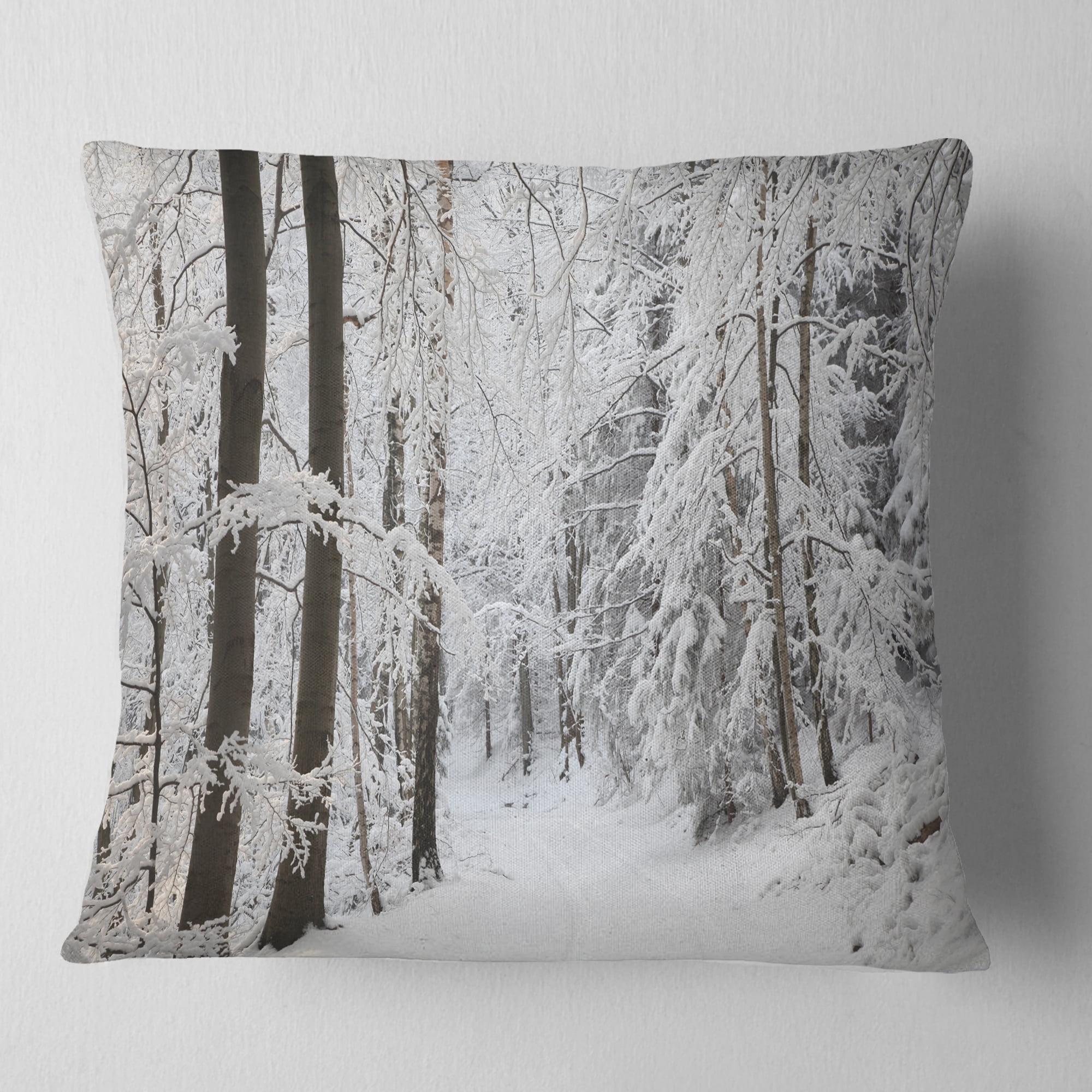 Designart Dense Winter Forest and Lane - Forest Throw Pillow - 16x16