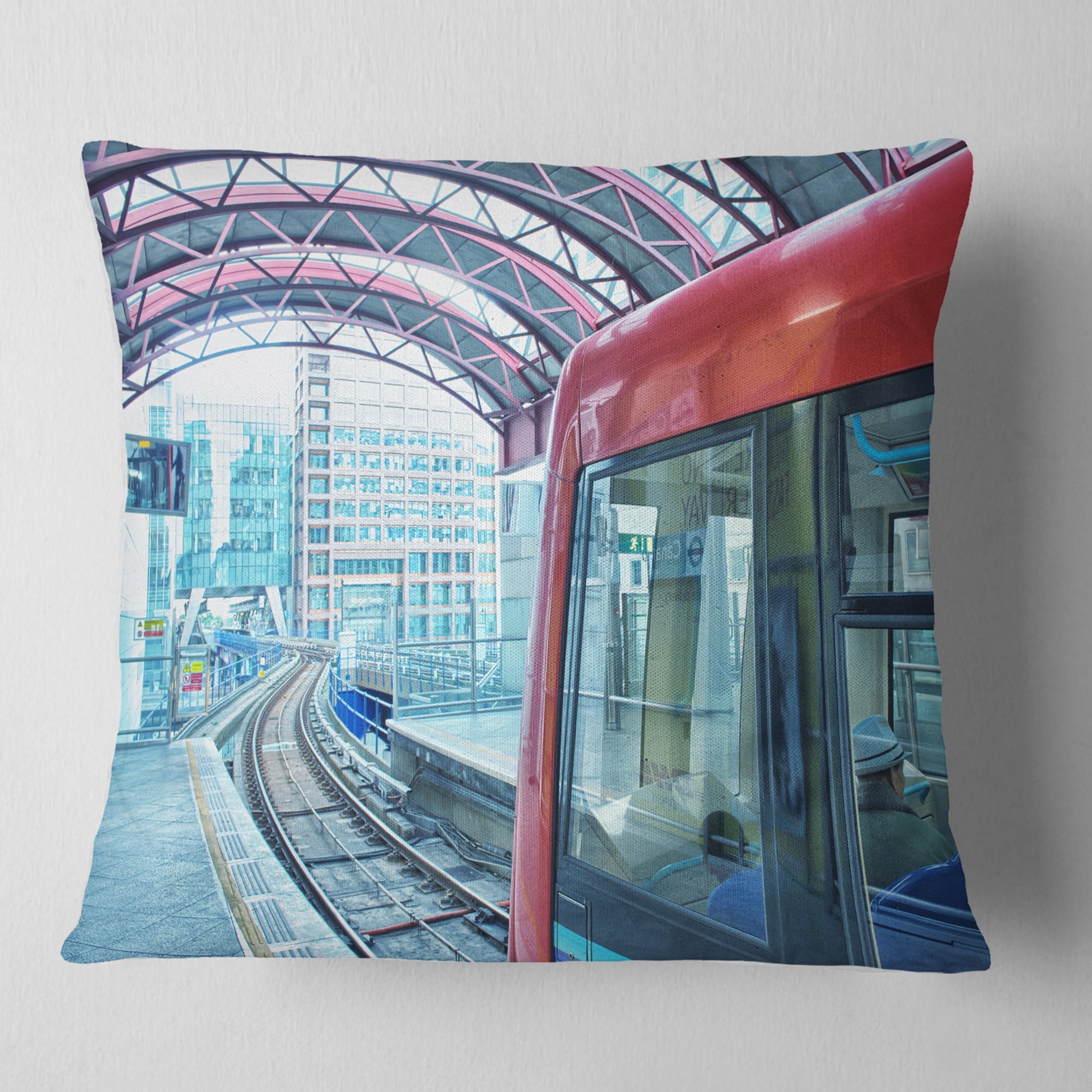 Designart Departing London Subway Train - Modern Cityscape Throw Pillow - 18x18