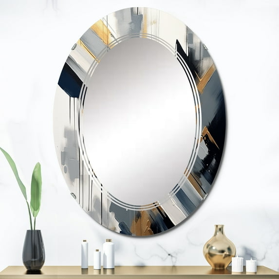 Designart "Depth Corner in Black and Gold II" Abstract Shapes Round Wall Mirror - Modern Oval Printed Decorative Oversized Mirror - Multiple Color Options