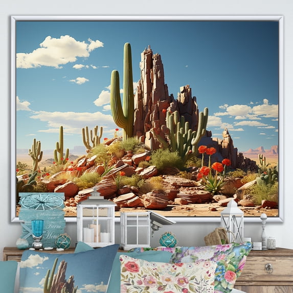 Designart "Desert Cactus Landscape in Nevada Green and Blue Hues" Floral Framed Wall Art - Modern Farmhouse Green Cactus Entryway Framed Wall Art
