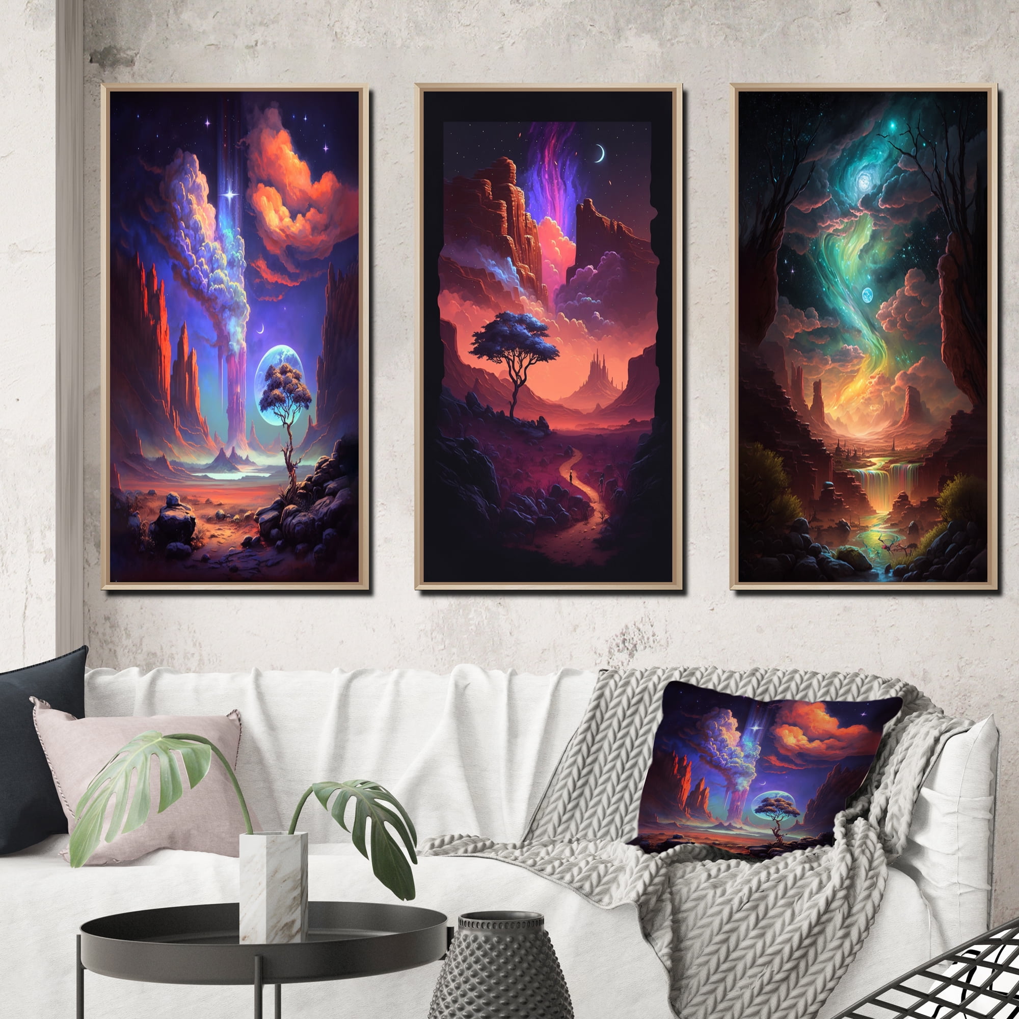 Fantasy Desert Dunes Landscape Canvas Art Set in Maple Frame
