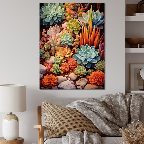 Designart "Desert Gems Green and Orange Succulents" Floral & Botanical Canvas Print
