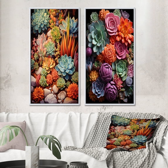 Designart "Desert Gems Green and Orange Succulents" Succulent Framed Wall Art Set Of 2 - Multi-Color Floral Framed Wall Art Set Of 2