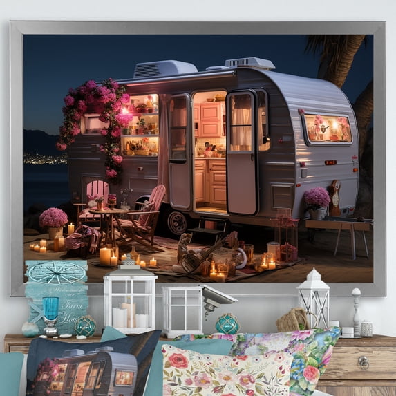 Designart "Desert Getaway with Pink Camping Van II" Landscapes Framed Wall Art Decor - Country Pink Camping Travel Living Room Framed Canvas Art