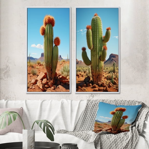 Designart "Desert Guardian Green Coral Cactus Organ II" Cactus Framed Wall Art Set Of 2 - Green Floral Framed Canvas Set For Living Room Decor