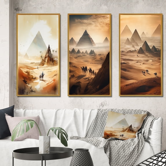 Designart "Desert Journey on a Camel IV" Landscape Desert Framed Wall Art Set Of 3 - Beige Desert Frame Canvas Set For Living Room Decor