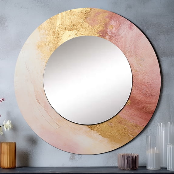 Designart "Desert Mirage Spiral in Gold and Pink I" Abstract Spirals Rund Mirror For Wall Decor - Large Gold Round Printed Mirror -Modern Round Living Room Mirror - 29" x 29"
