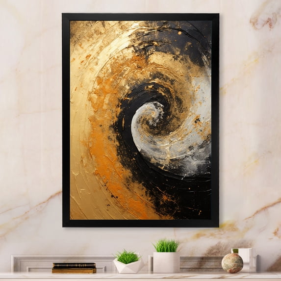 Designart "Desert Mirage Spiral In Gold And Black I" Abstract Spirals Picture Framed Canvas Art Print