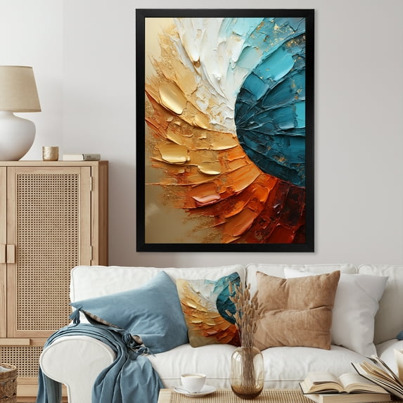 Designart "Desert Mirage Spiral In Gold And Blue" Abstract Spirals Picture Framed Wall Art Prints