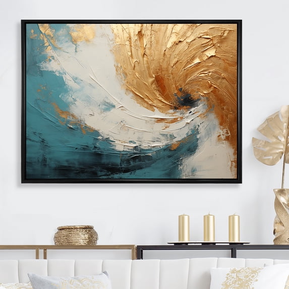 Designart "Desert Mirage Spiral In Gold And Turquoise" Abstract Spirals Floater Framed Canvas Prints