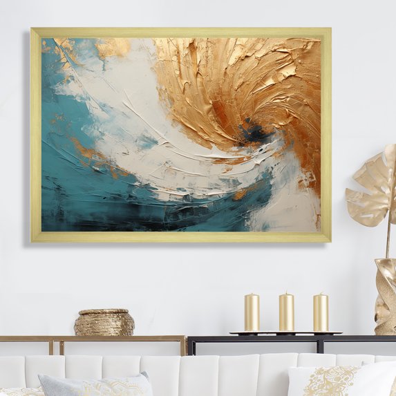 Designart "Desert Mirage Spiral In Gold And Turquoise" Abstract Spirals Picture Framed Canvas Prints