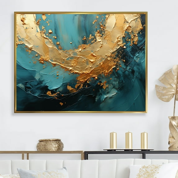 Designart "Desert Mirage Spiral In Gold And Turquoise II" Abstract Spirals Floater Framed Canvas Art Print