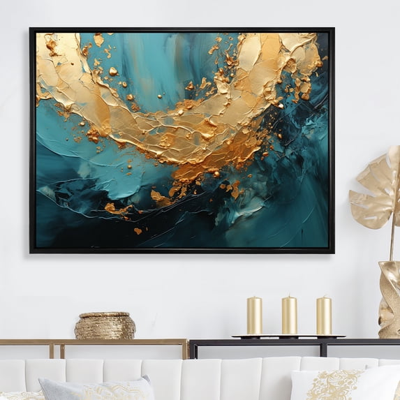Designart "Desert Mirage Spiral In Gold And Turquoise II" Abstract Spirals Floater Framed Canvas Art Print