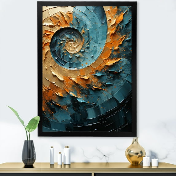 Designart "Desert Mirage Spiral In Gold And Turquoise IV" Abstract Spirals Picture Framed Wall Art Living Room